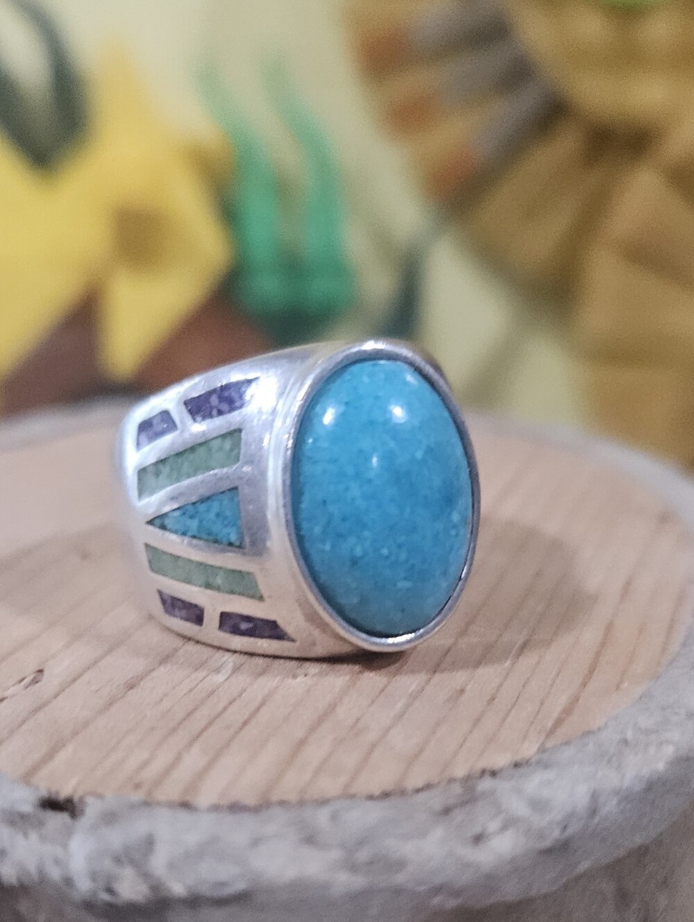 Coleman C Co Southwestern Turquoise Inlay Sterling Ring Size 6 925 EUC